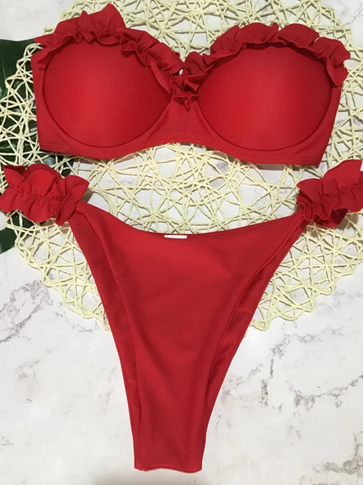 Sexy Frilled Bra Cup Bikini Set – Ruffled Bandeau Push Up Two-Piece Swimwear - Image 12