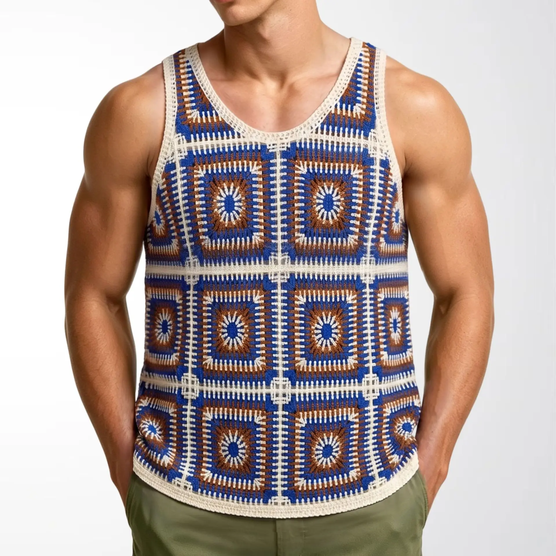 New Men's Retro Boho Crochet Tank Tops Summer Casual Crew Neck Fashion Sleeveless Vest Ethnic Style Loose Breathable Sports Tops - Image 7