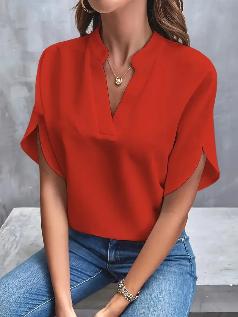 Women’s Elegant V-Neck Half Sleeve Blouse – Casual Loose Solid Color Top - Image 3