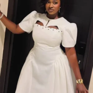 Women's Elegant White Mini Dress Luxury Rhinestone Beading Cutout Waist Puff Sleeve High Waist A-Line Summer Party Clubwear Vestido