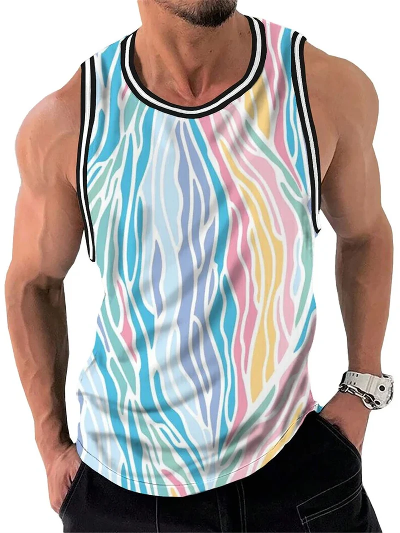 New Simple Color Striped 3D Printed Tank Tops Men Summer Sleeveless Casual Sports Vest Crew Neck Breathable Oversized Tees Tops - Image 2