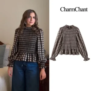 CharmChant Women's Plaid Stretchy Cotton Puff Sleeves Peplum Hem Blouse Spring 2026 Chic Modern Long Sleeve Shirt Tops for Woman