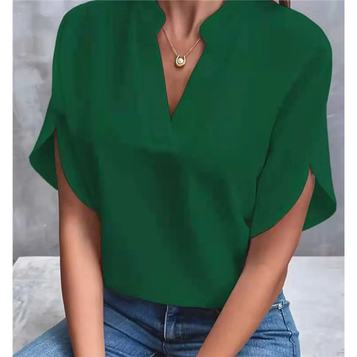 Women’s Elegant Solid V-Neck Chiffon Blouse – Casual Short Sleeve Loose Top - Image 5