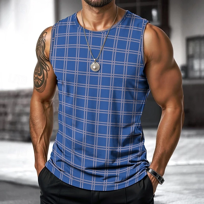 Retro Men's Vest Top 3D Print Plaid Striped Graphic Sleeveless Shirt Crew Neck Loose Streetwear Summer Fashion Casual Tank Tops - Image 5