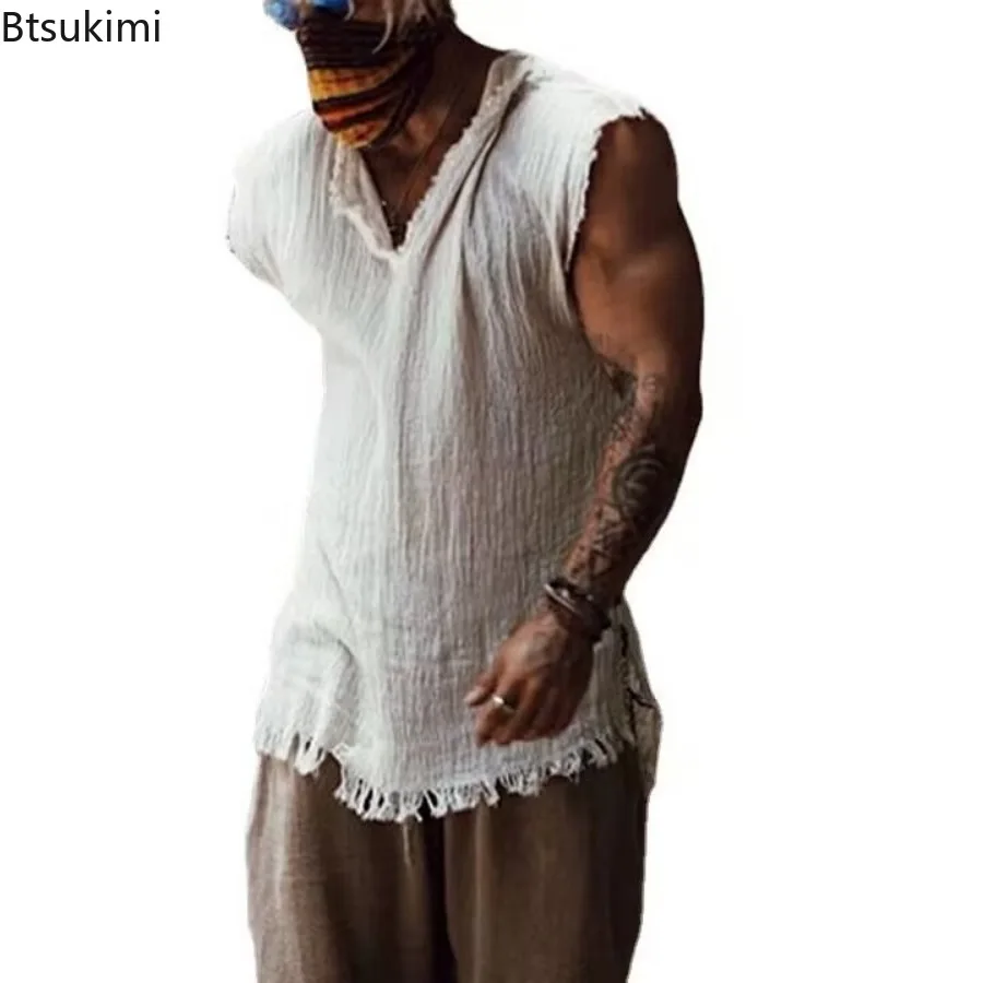 2026 Men’s Casual Retro Tank Top – Loose Fit, V-Neck, Ripped Edge, Breathable Cotton Vest - Image 6