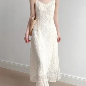 The Juliette Lace Sling Gown – Elegant White Embroidered Maxi Dress