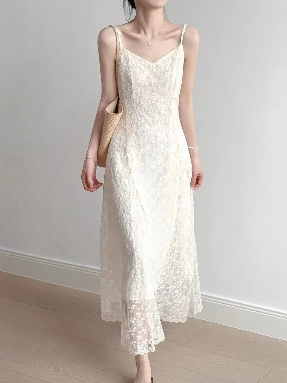 The Juliette Lace Sling Gown – Elegant White Embroidered Maxi Dress