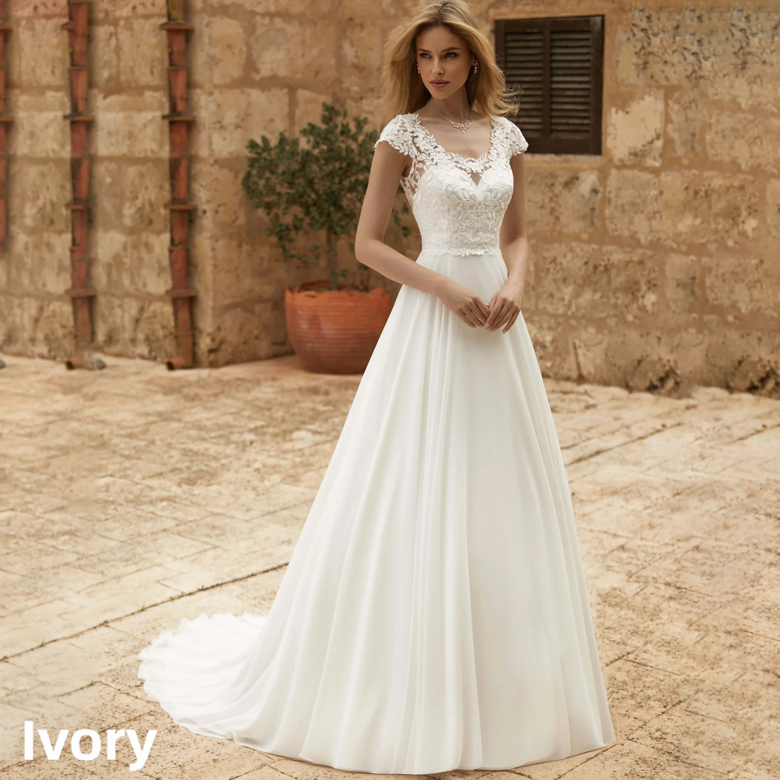 Cap Sleeve Floral Lace Chiffon Wedding Dress V Neck Sheer Back A Line Bridal Gown Long Train Outdoor Civil Wedding Custom Sizes - Image 7