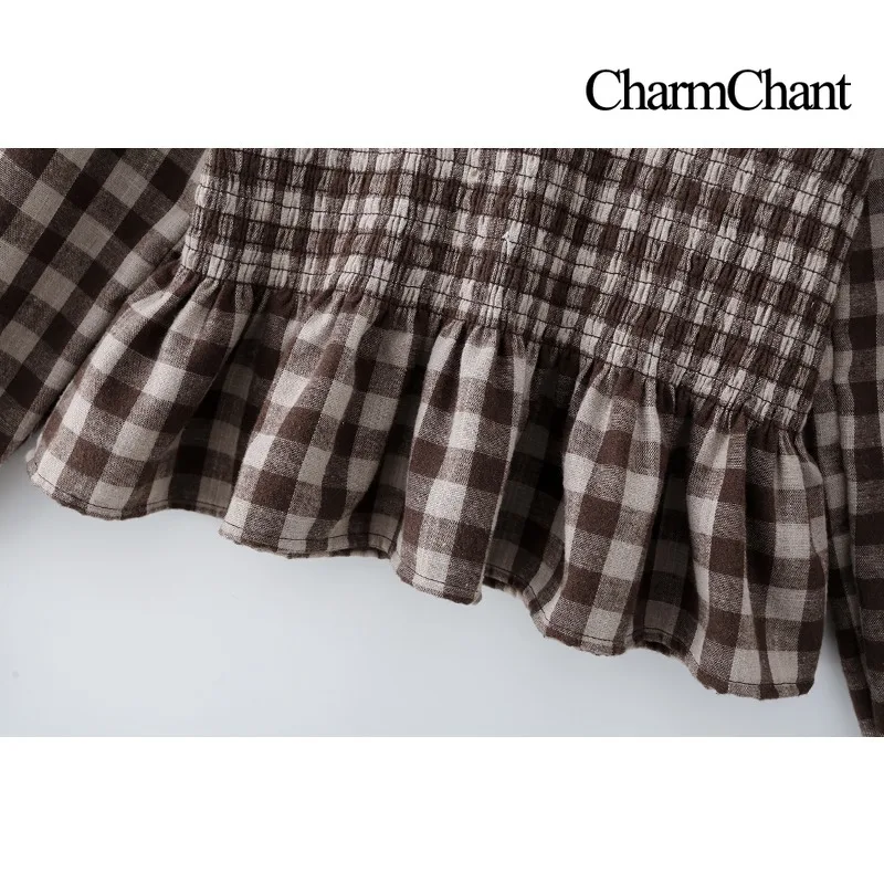 CharmChant Women's Plaid Stretchy Cotton Puff Sleeves Peplum Hem Blouse Spring 2026 Chic Modern Long Sleeve Shirt Tops for Woman - Image 5