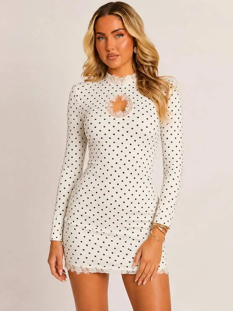 Mozision Women’s Polka Dot Mini Dress – Sexy Lace Trim Bodycon Club Dress