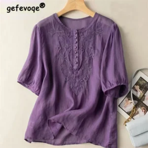 Women’s Vintage Ethnic Embroidery Cotton Linen Blouse – Casual Loose Short Sleeve Top