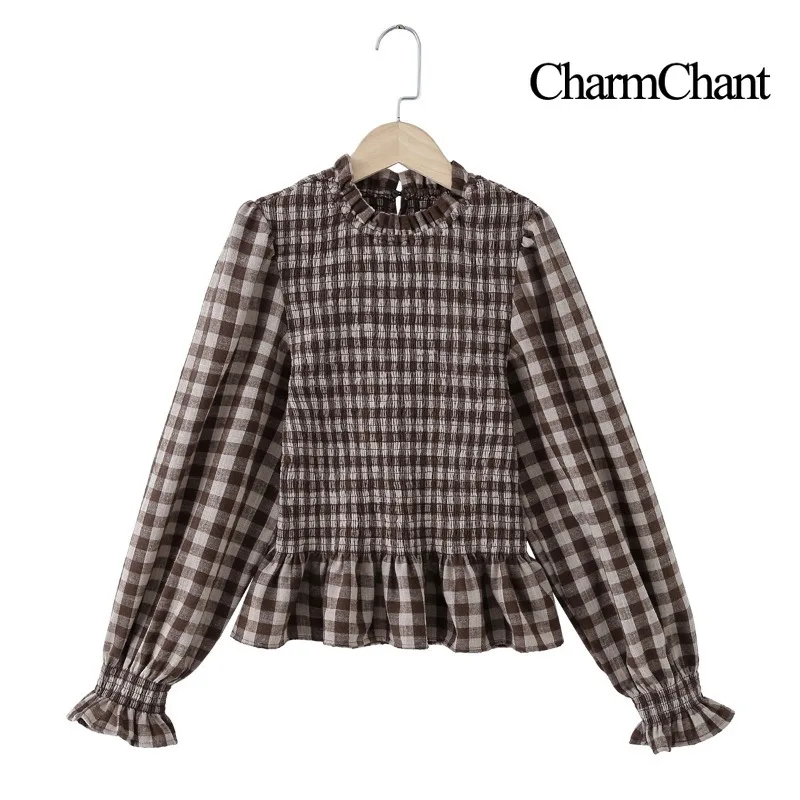 CharmChant Women's Plaid Stretchy Cotton Puff Sleeves Peplum Hem Blouse Spring 2026 Chic Modern Long Sleeve Shirt Tops for Woman - Image 2