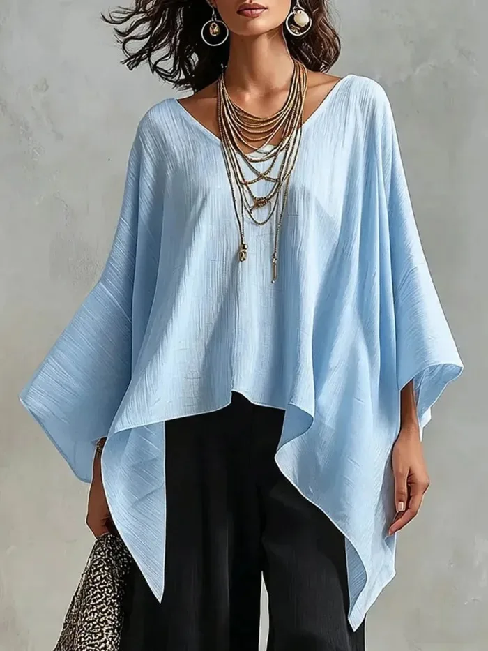 Women's Light weight Loose Solid Color T-shirt V-neck Batwing Sleeve Pleated Bluse for 2026 Summer Daily Wear Shirts - Image 2