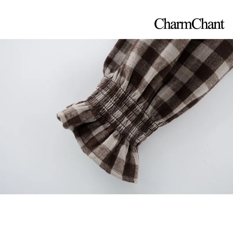 CharmChant Women's Plaid Stretchy Cotton Puff Sleeves Peplum Hem Blouse Spring 2026 Chic Modern Long Sleeve Shirt Tops for Woman - Image 6