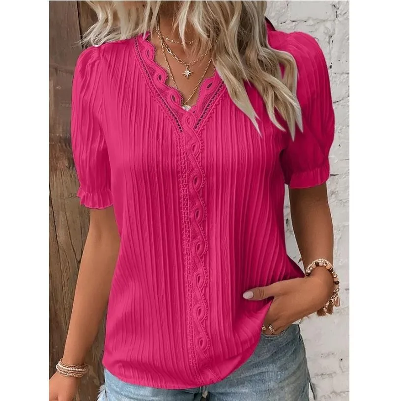 Women's Summer New Top Solid Sexy V-Neck Hollow Short Sleeve Shirt Fashion Splice Plus Size Blouse Loose Street Apparel - Image 7
