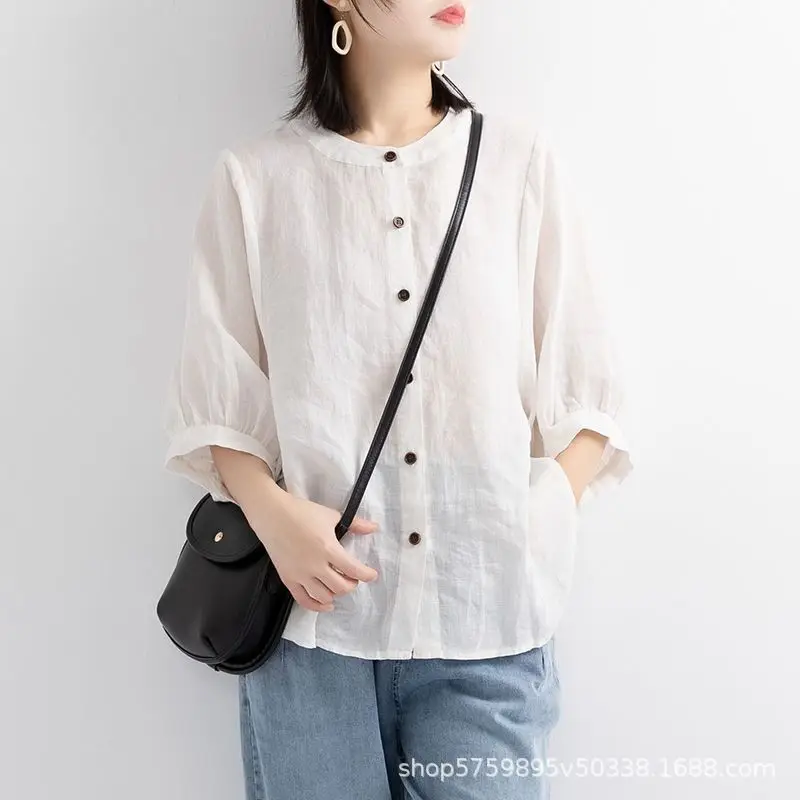 Women’s Plus-Size Solid Color Cotton-Linen Blouse – Comfortable Loose-Fit Office Top - Image 3