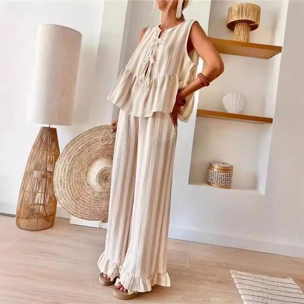 Women's Striped Tank Top & Wide Leg Pants Set | Sexy Summer Beach Lounge Matching Outfit - Image 3