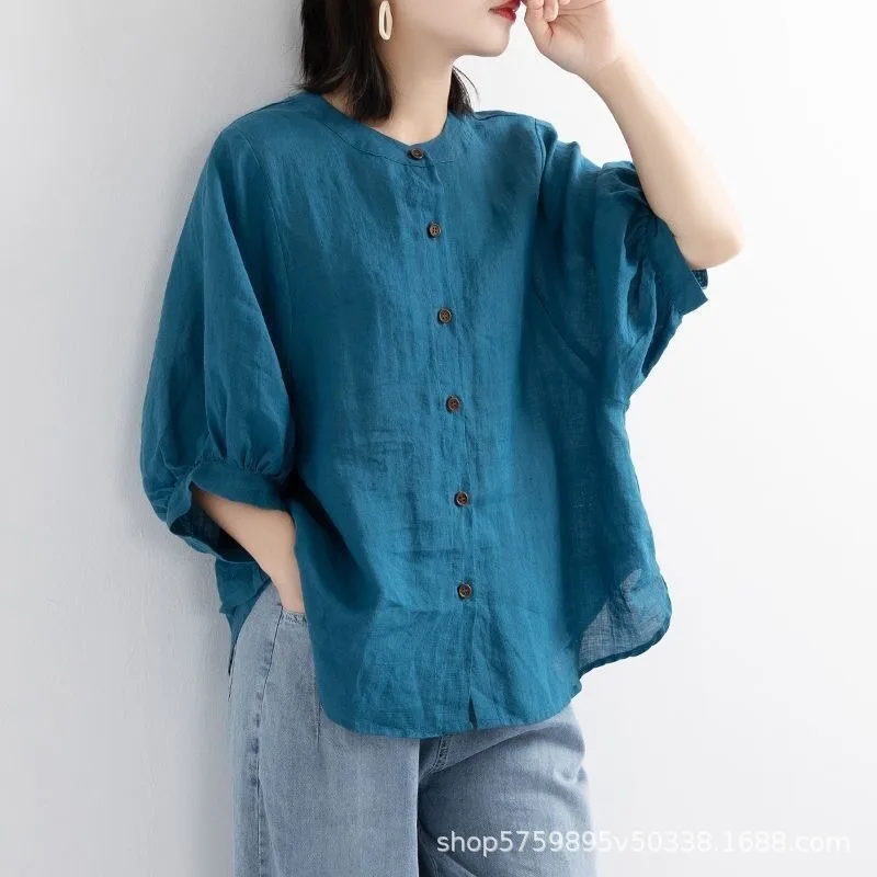 Women’s Plus-Size Solid Color Cotton-Linen Blouse – Comfortable Loose-Fit Office Top - Image 2