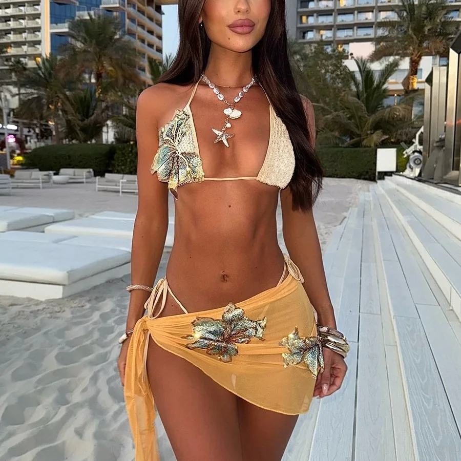 Applique Low Rise Sexy 3 Piece Bikini Set - Beach Vacation Swimsuit for Women modest burkini mujer burkini femme musulmane