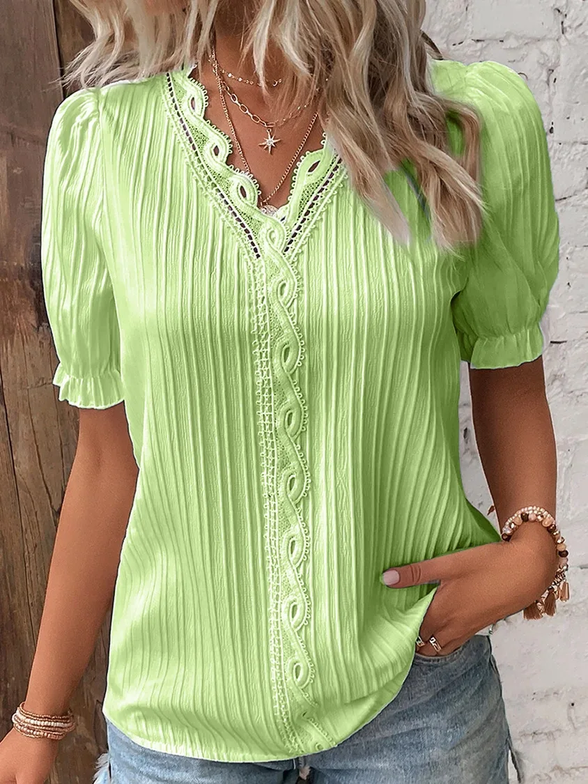 Women's Summer New Top Solid Sexy V-Neck Hollow Short Sleeve Shirt Fashion Splice Plus Size Blouse Loose Street Apparel - Image 11