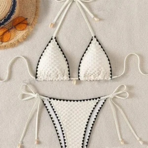 Women's White Contrast Micro Bikini Set | Sexy Shell Ornament Push Up Swimsuit