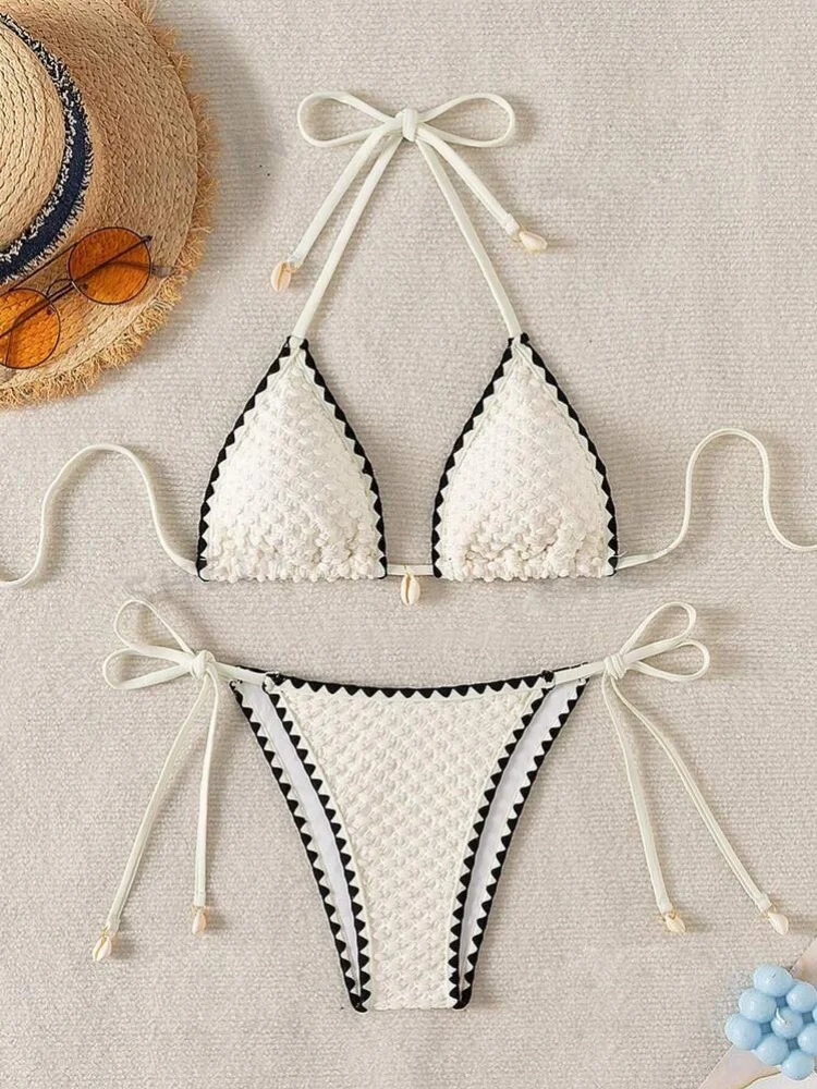 Women's White Contrast Micro Bikini Set | Sexy Shell Ornament Push Up Swimsuit