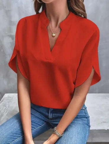Women’s Elegant Solid V-Neck Chiffon Blouse – Casual Short Sleeve Loose Top - Image 10