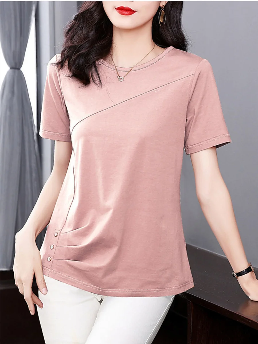 5XL Women Summer Spring cotton Blouses Shirts Lady Fashion Casual Short Sleeve O-Neck Solid Color T-shirt Blusas Tops MM2069 - Image 4