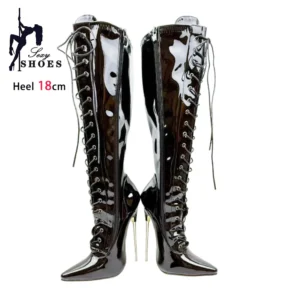 Black 18cm Metal Heel Knee High Women Boots Night Club Stage Pointed Toe Pole Dance Shoes Patent Leather Lady Heels Custom Color