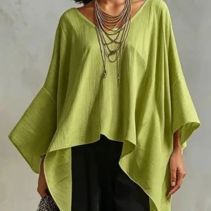 Women's Light weight Loose Solid Color T-shirt V-neck Batwing Sleeve Pleated Bluse for 2026 Summer Daily Wear Shirts