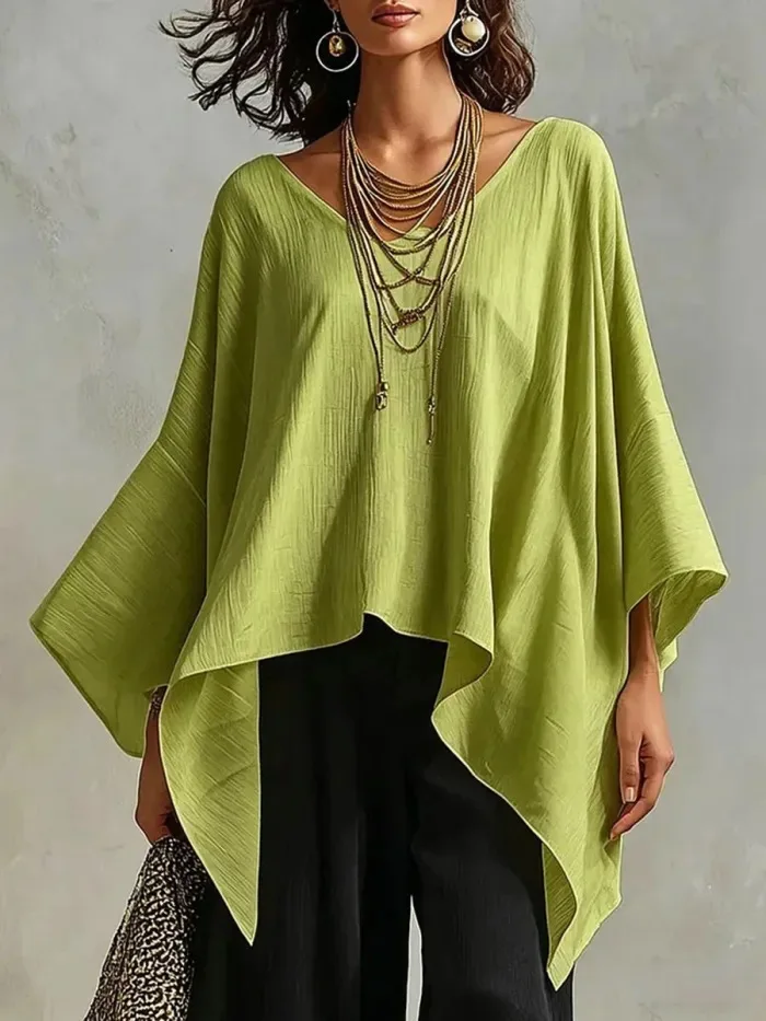 Women's Light weight Loose Solid Color T-shirt V-neck Batwing Sleeve Pleated Bluse for 2026 Summer Daily Wear Shirts