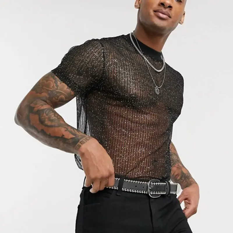 Mesh T-shirts Men Sexy Tops Round Neck See-through