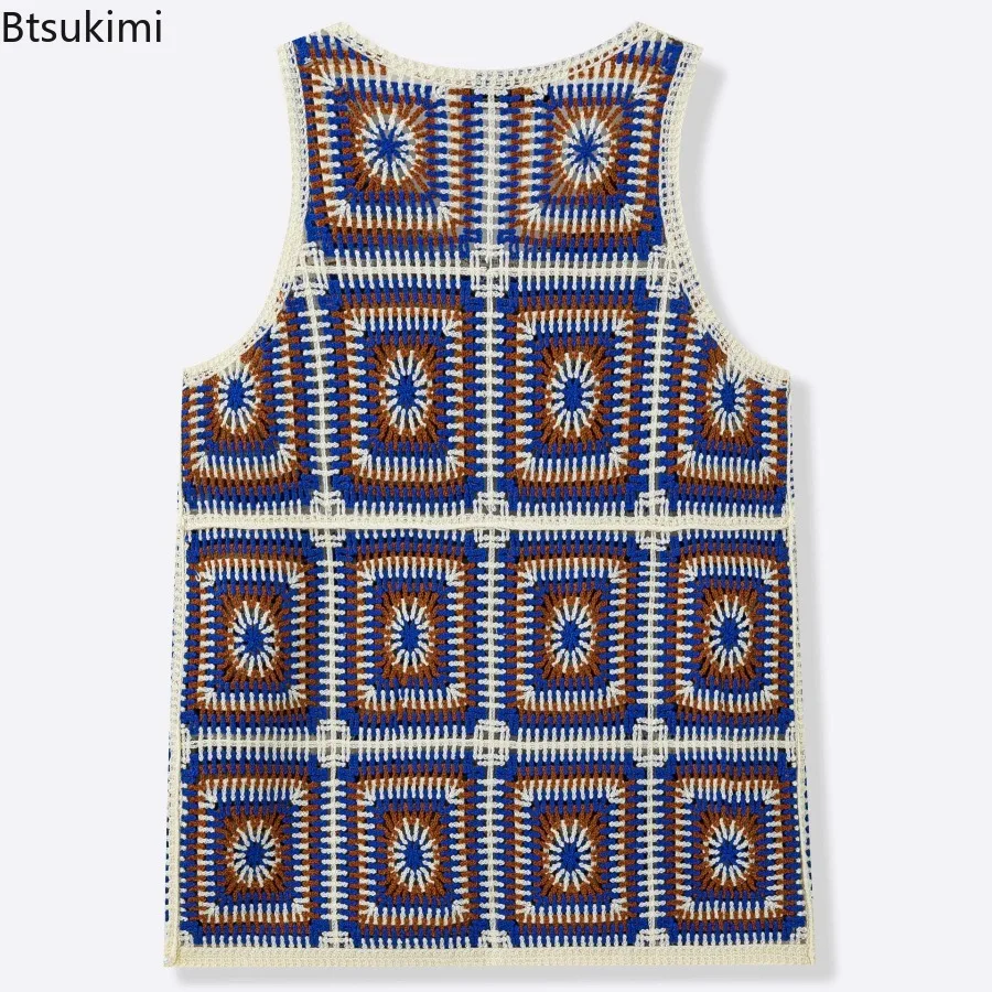 New Men's Retro Boho Crochet Tank Tops Summer Casual Crew Neck Fashion Sleeveless Vest Ethnic Style Loose Breathable Sports Tops - Image 4