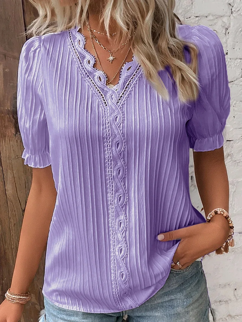 Women's Summer New Top Solid Sexy V-Neck Hollow Short Sleeve Shirt Fashion Splice Plus Size Blouse Loose Street Apparel - Image 5