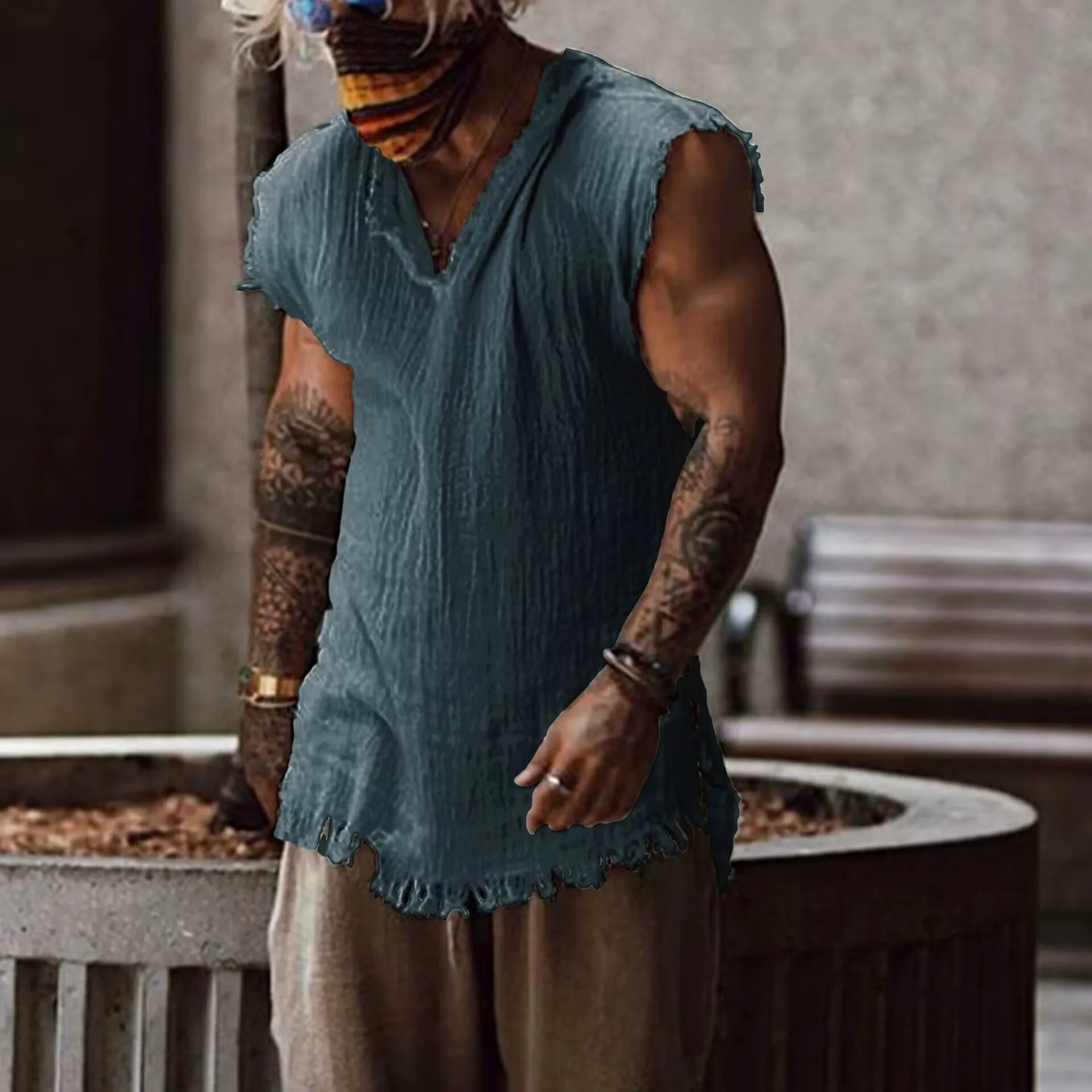 2026 Men’s Casual Retro Tank Top – Loose Fit, V-Neck, Ripped Edge, Breathable Cotton Vest - Image 7