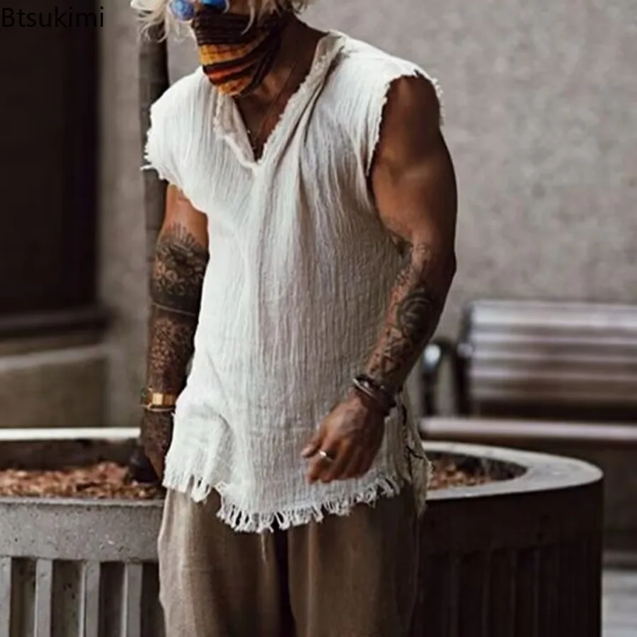 2026 Men’s Casual Retro Tank Top – Loose Fit, V-Neck, Ripped Edge, Breathable Cotton Vest - Image 5