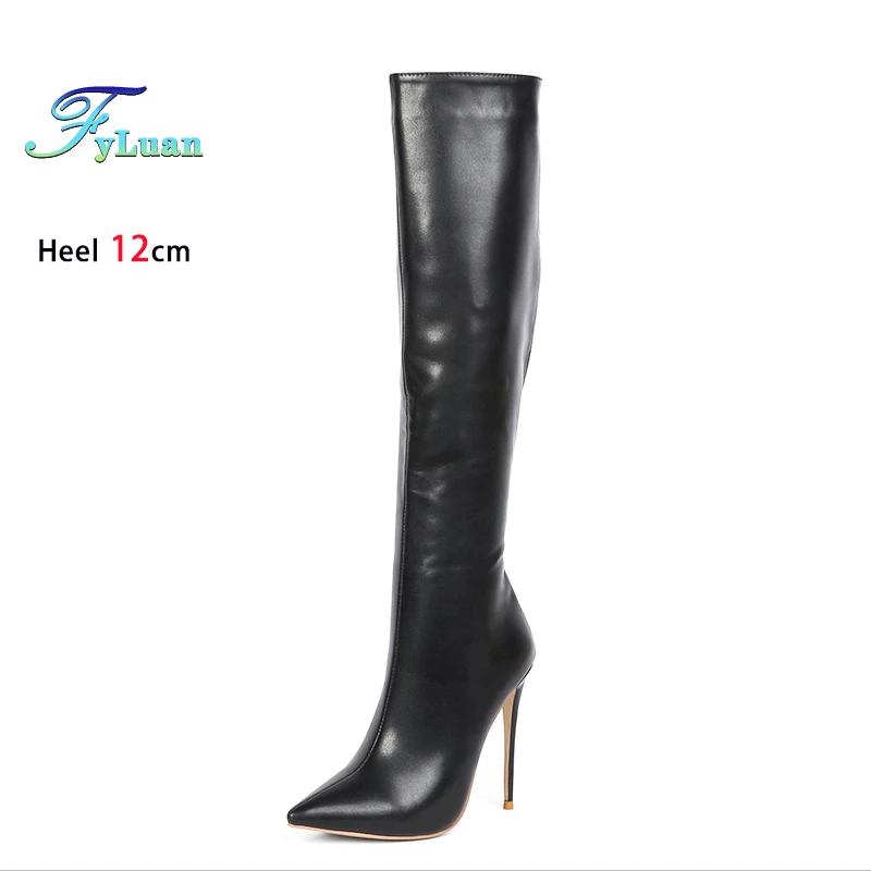 Black Pointed Boots For Woman 12CM Stiletto Fashion Women Party Winter Shoes Plus Size 43 44 45 Back Zipper Woman Mid-calf Boots - Image 3