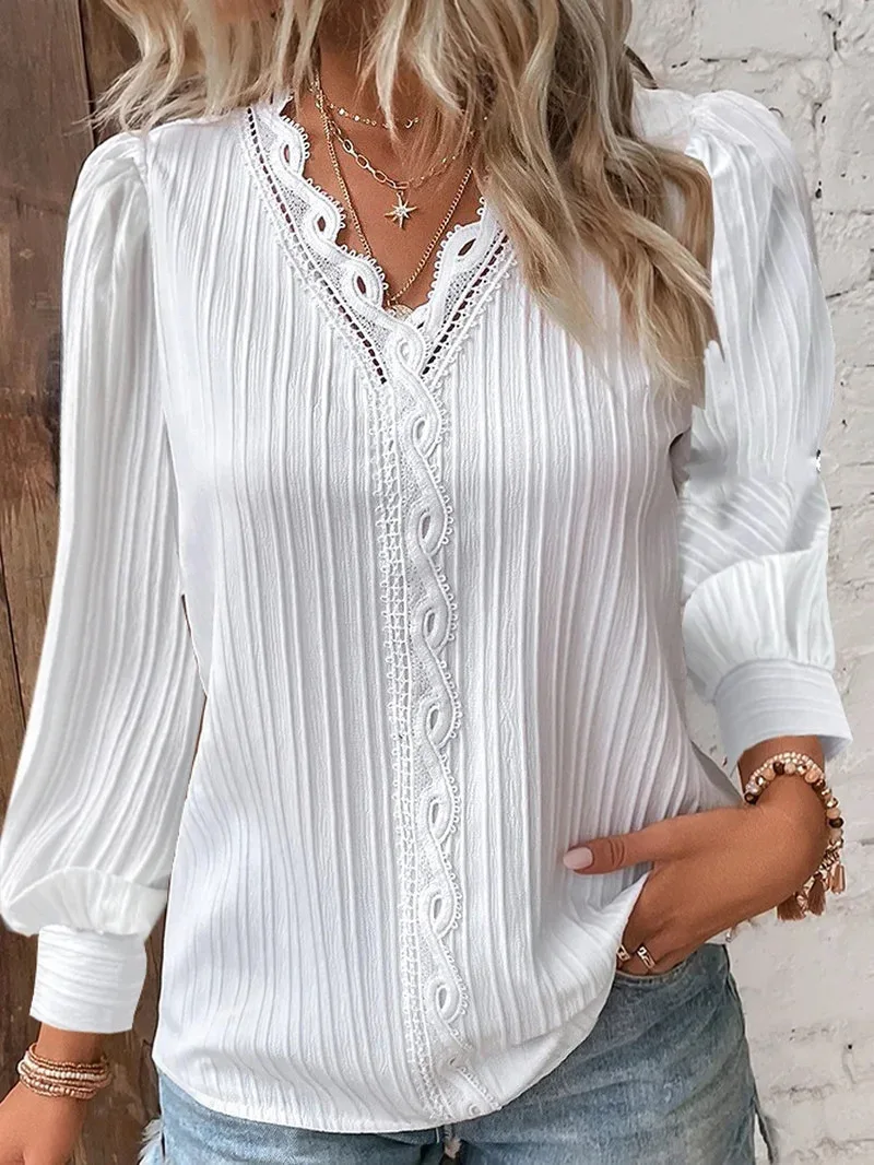 Women’s Elegant V-Neck Hollow Lace Patchwork Blouse – Chic Long Sleeve Casual Top - Image 3