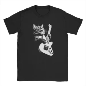 Men T-Shirts Cat Guitar  Leisure 100% Cotton Tee Shirt Short Sleeve  T Shirts Crew Neck Tops Printing