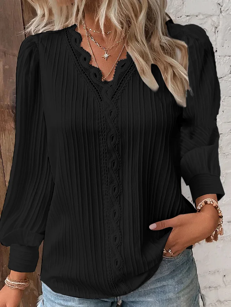 Women’s Elegant V-Neck Hollow Lace Patchwork Blouse – Chic Long Sleeve Casual Top - Image 2