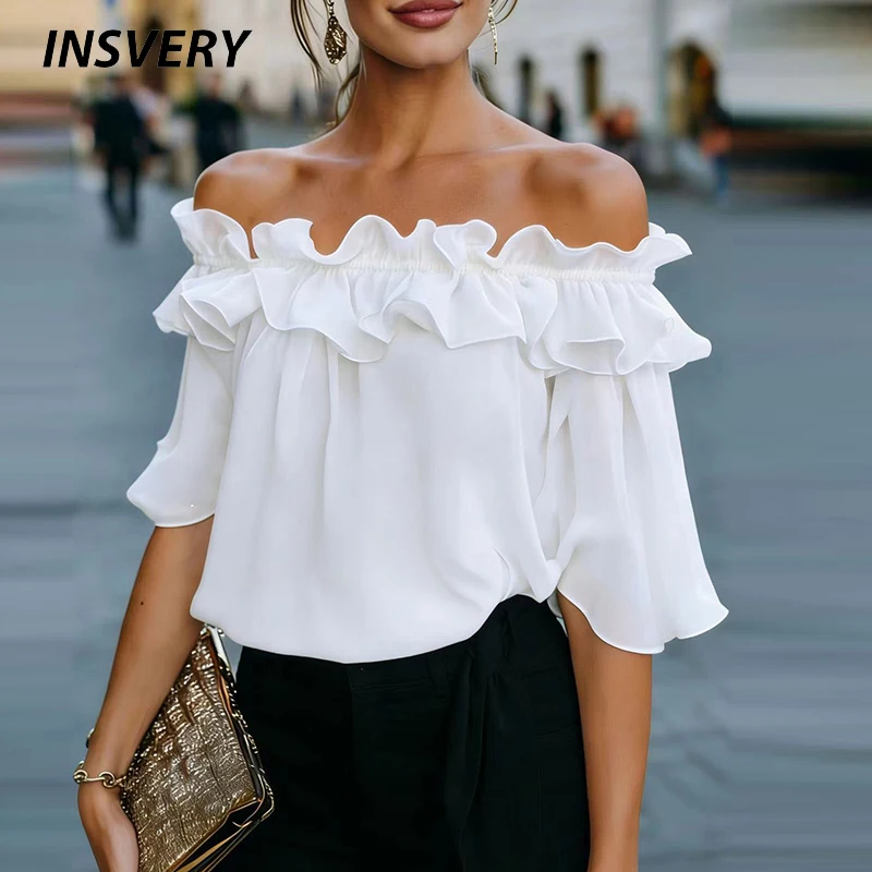 Elegant Off-Shoulder Short Sleeve Blouse – Solid Color Pullover Top - Image 5