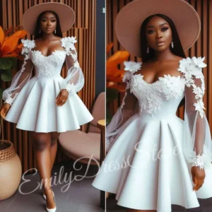 Customized White Satin Evening Dress Women Lace Knee Length Full Sleeves Bridal Formal Long Ball Gowns Trend Pageant Dress