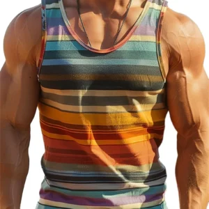 Summer Retro Stripe Graphic Tank Tops For Men Fashion Sleeveless 3D Printed Fitness Vest Loose Crew Neck Quick Dry Sports Tops