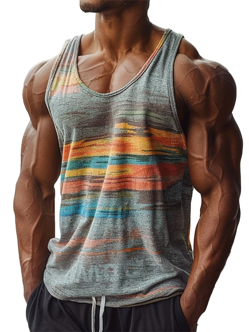 Summer Retro Stripe Graphic Tank Tops For Men Fashion Sleeveless 3D Printed Fitness Vest Loose Crew Neck Quick Dry Sports Tops - Image 7
