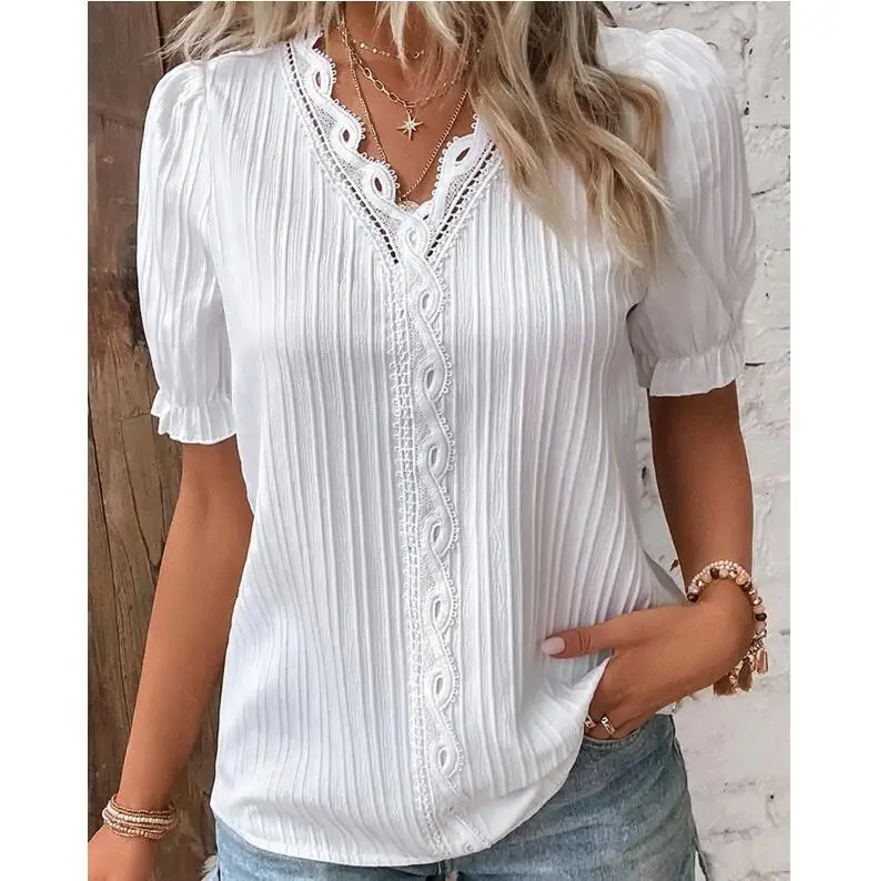 Women’s Sexy V-Neck Hollow-Out Short Sleeve Blouse – Loose Casual Top
