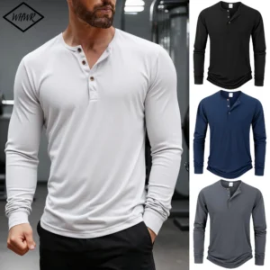 Men's Slim Fit Henley T-Shirt | Long Sleeve Button Casual Autumn Top