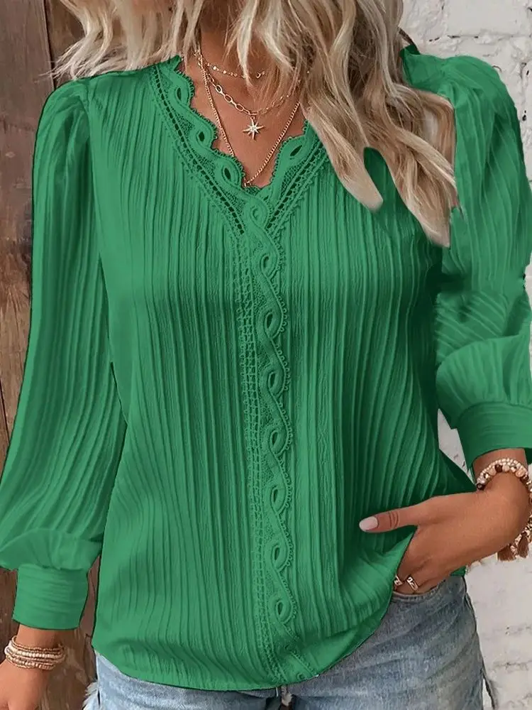 Women’s Elegant V-Neck Hollow Lace Patchwork Blouse – Chic Long Sleeve Casual Top - Image 7