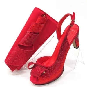 Red Bling Crystal Slip-On Heels & Matching Purse Set – Stylish Party Shoes