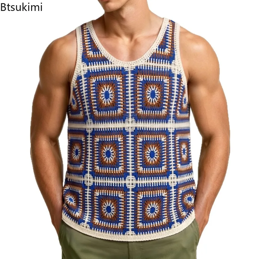 New Men's Retro Boho Crochet Tank Tops Summer Casual Crew Neck Fashion Sleeveless Vest Ethnic Style Loose Breathable Sports Tops - Image 2