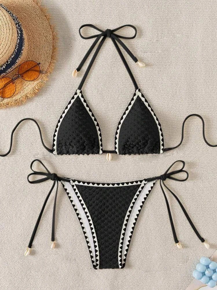 Women's White Contrast Micro Bikini Set | Sexy Shell Ornament Push Up Swimsuit - Image 4